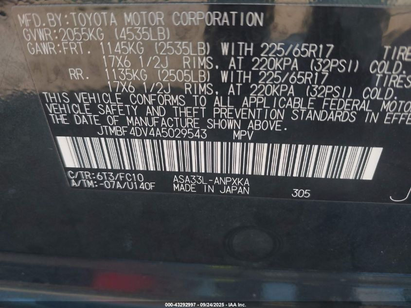 2010 Toyota Rav4 VIN: JTMBF4DV4A5029543 Lot: 43292997