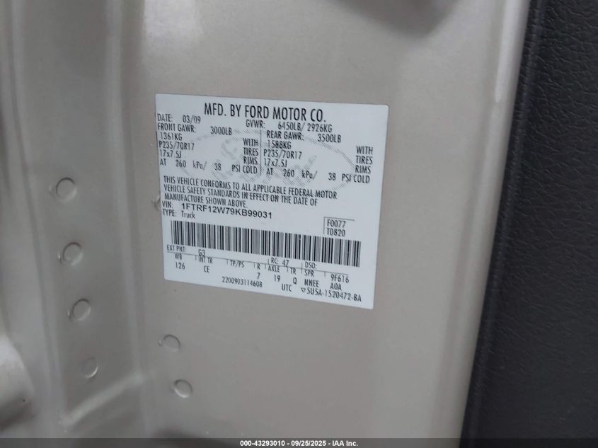 2009 Ford F-150 Stx/Xl/Xlt VIN: 1FTRF12W79KB99031 Lot: 43293010