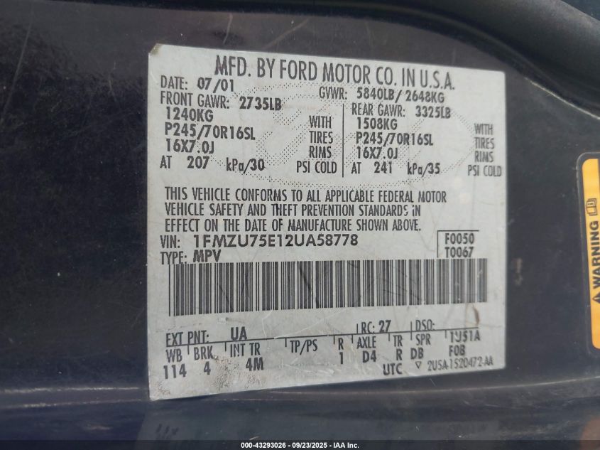 2002 Ford Explorer Limited VIN: 1FMZU75E12UA58778 Lot: 43293026