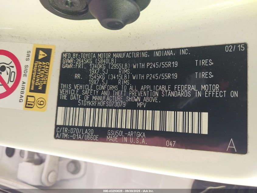 2015 Toyota Highlander Limited V6 VIN: 5TDYKRFH0FS073079 Lot: 43293028