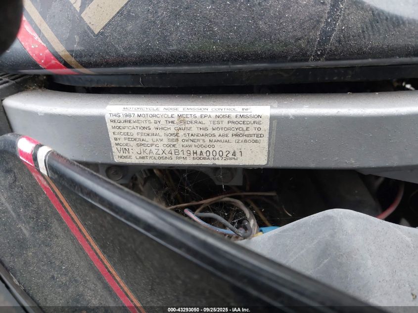 1987 Kawasaki Zx600 B VIN: JKAZX4B19HA000241 Lot: 43293050