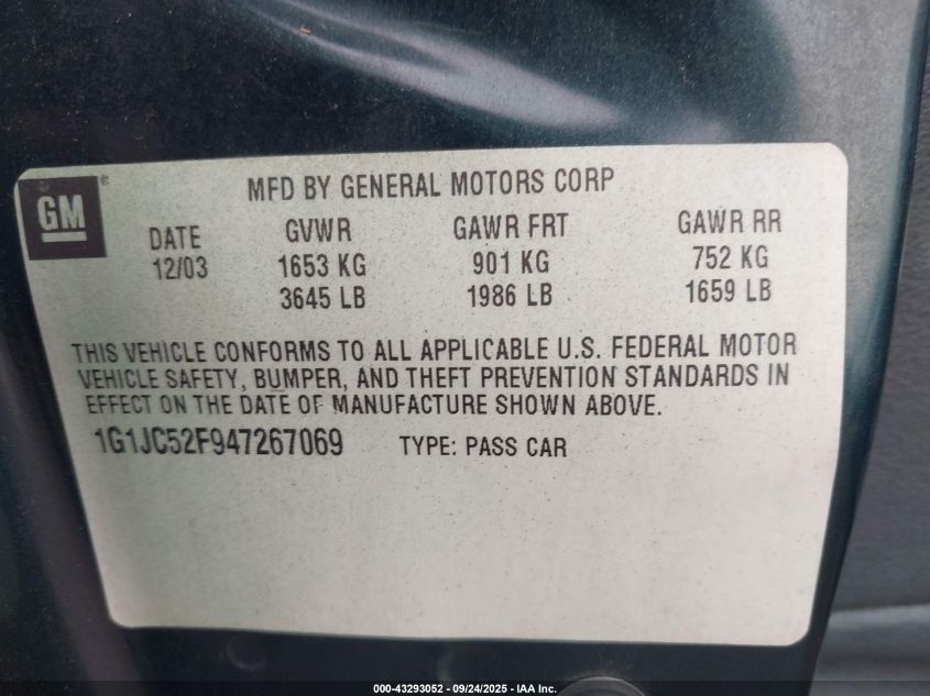 2004 Chevrolet Cavalier VIN: 1G1JC52F947267069 Lot: 43293052