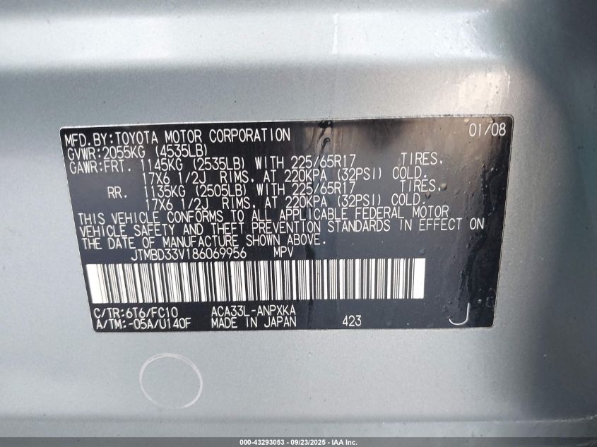 2008 Toyota Rav4 VIN: JTMBD33V186069956 Lot: 43293053