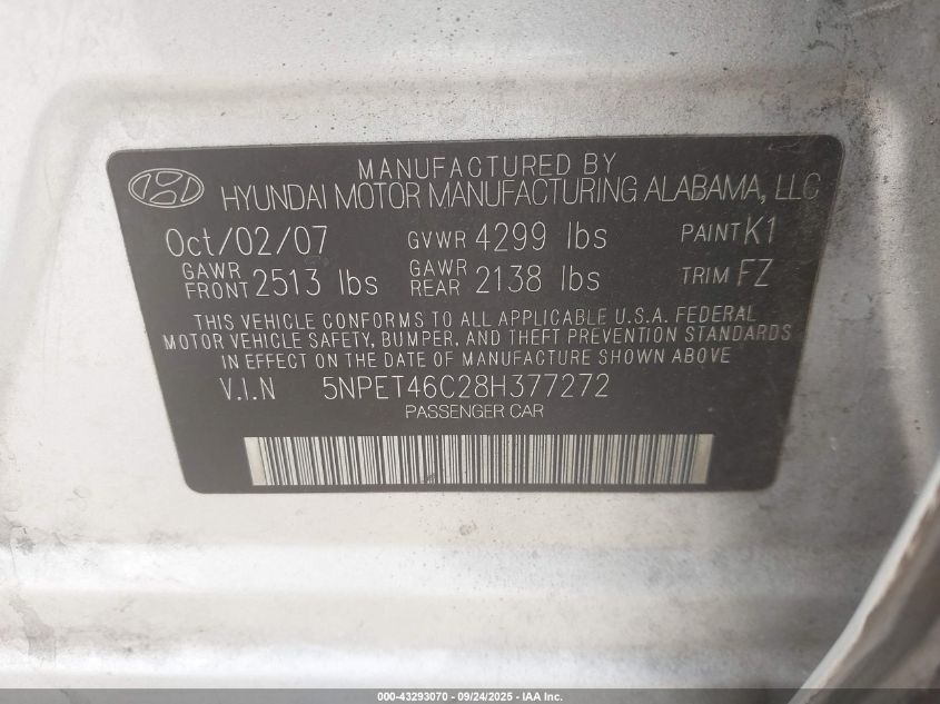 2008 Hyundai Sonata Gls VIN: 5NPET46C28H377272 Lot: 43293070