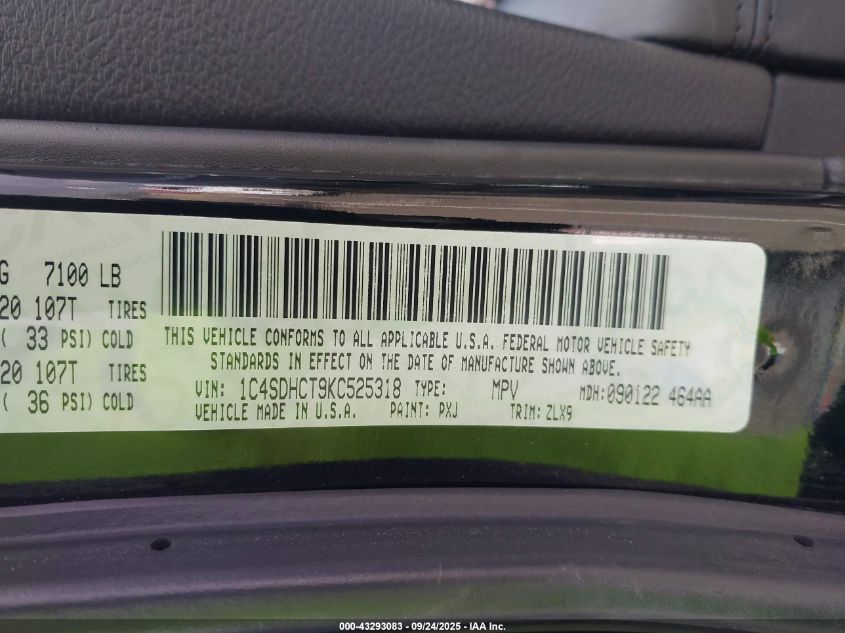 2019 Dodge Durango R/T Rwd VIN: 1C4SDHCT9KC525318 Lot: 43293083