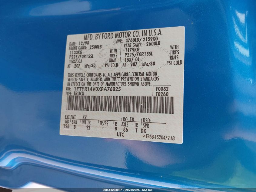 1999 Ford Ranger Xl/Xlt VIN: 1FTYR14V0XPA76825 Lot: 43293087