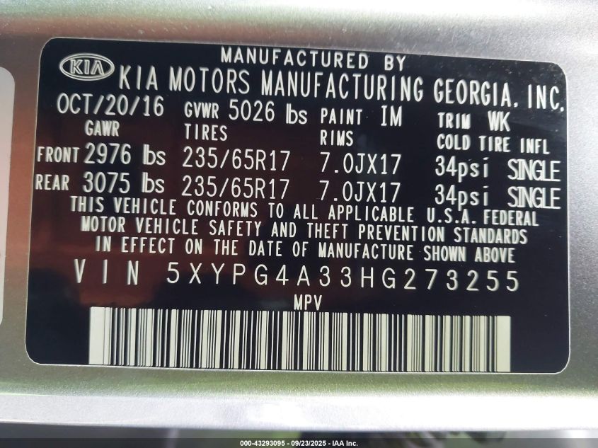2017 Kia Sorento 2.4L Lx VIN: 5XYPG4A33HG273255 Lot: 43293095