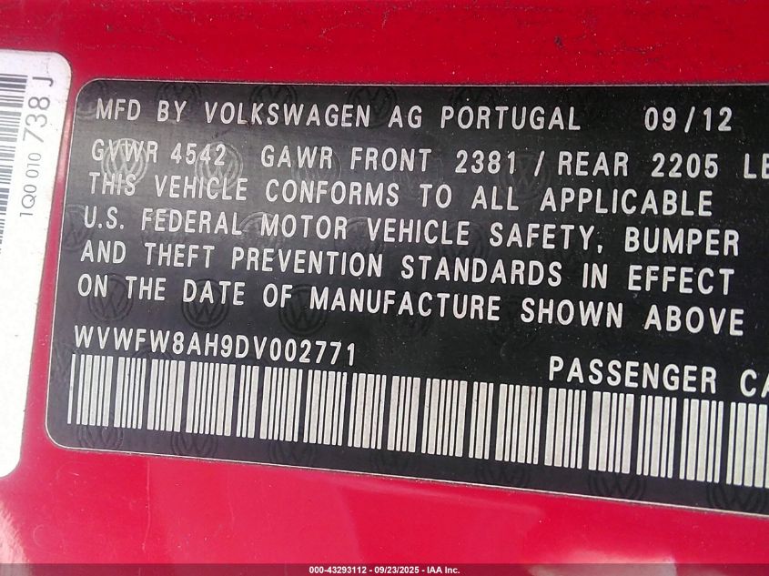 2013 Volkswagen Eos Lux VIN: WVWFW8AH9DV002771 Lot: 43293112