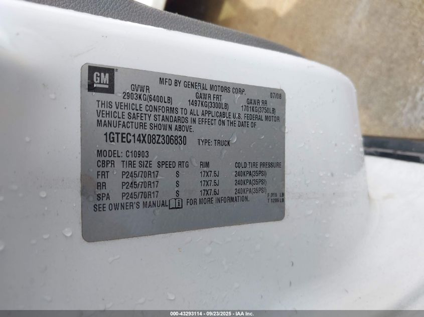 2008 GMC Sierra 1500 Work Truck VIN: 1GTEC14X08Z306830 Lot: 43293114