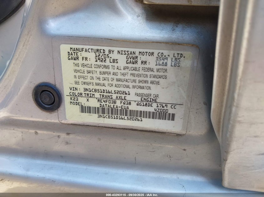 2006 Nissan Sentra 1.8S VIN: 3N1CB51D16L520261 Lot: 43293115