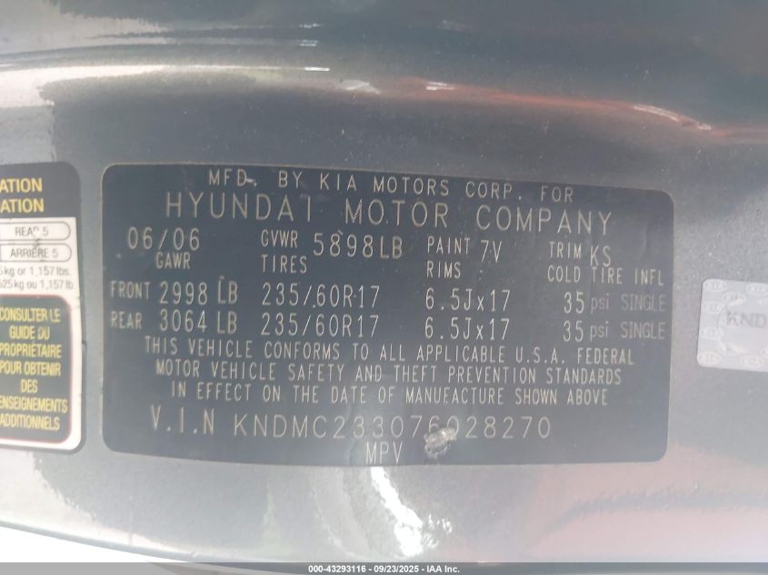 2007 Hyundai Entourage Gls/Limited/Se VIN: KNDMC233076028270 Lot: 43293116