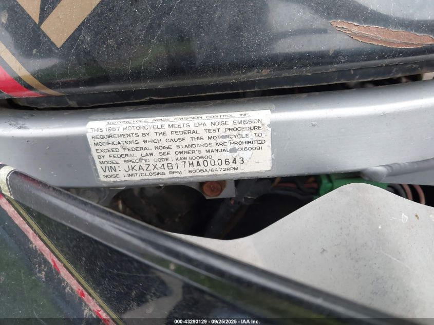 1987 Kawasaki Zx600 B VIN: JKAZX4B17HA000643 Lot: 43293129