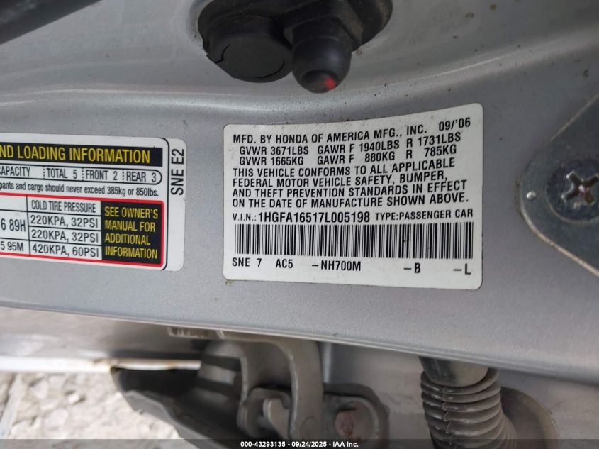 2007 Honda Civic Lx VIN: 1HGFA16517L005198 Lot: 43293135
