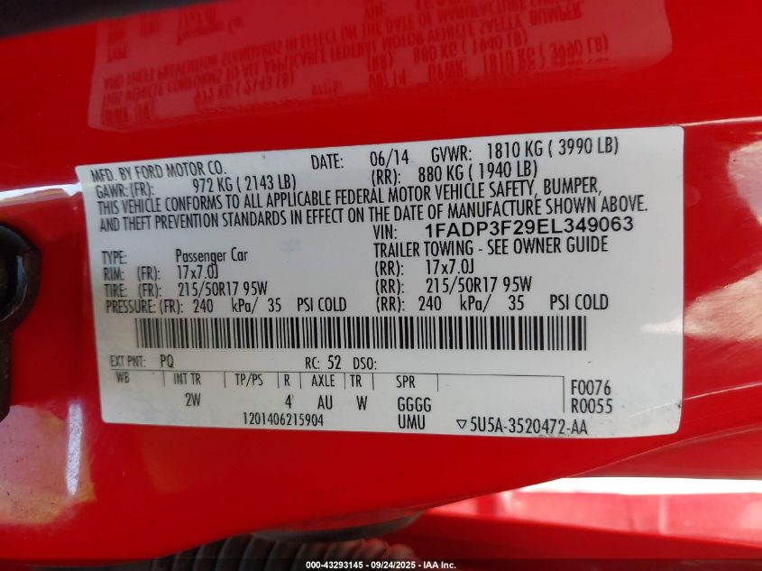 2014 Ford Focus Se VIN: 1FADP3F29EL349063 Lot: 43293145