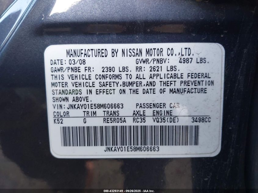 2008 Infiniti M35 VIN: JNKAY01E58M606663 Lot: 43293149