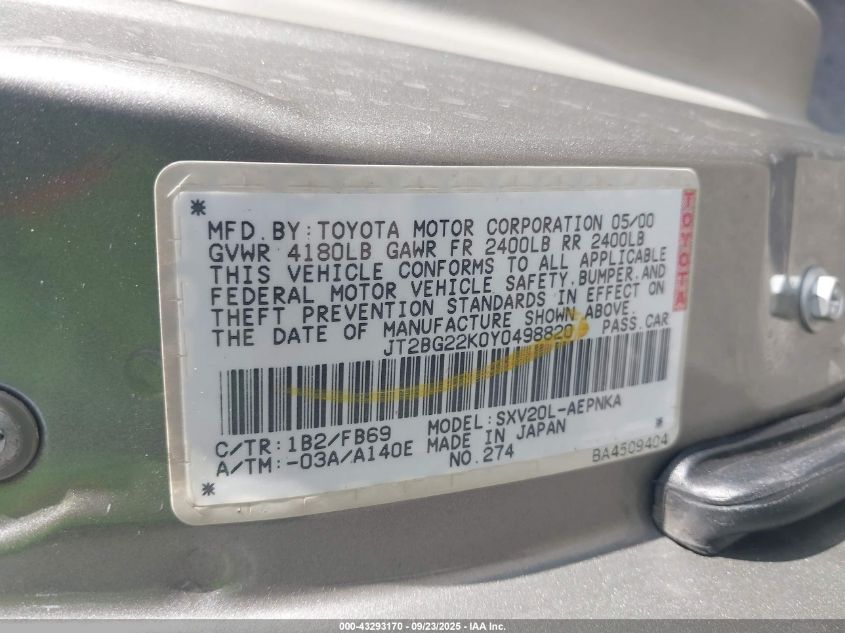2000 Toyota Camry Le VIN: JT2BG22K0Y0498820 Lot: 43293170
