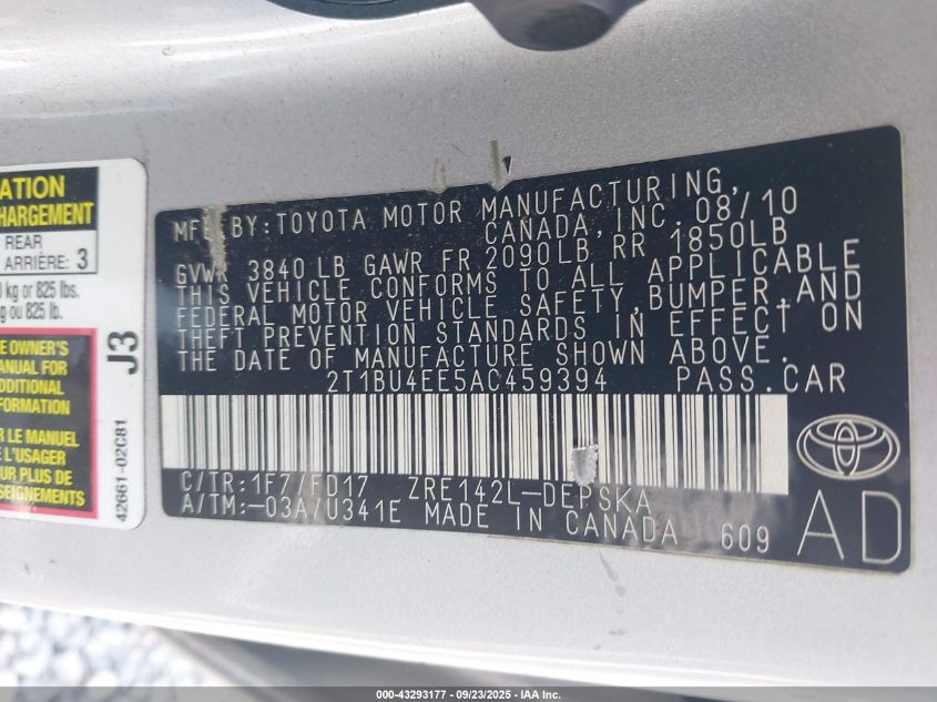 2010 Toyota Corolla S VIN: 2T1BU4EE5AC459394 Lot: 43293177