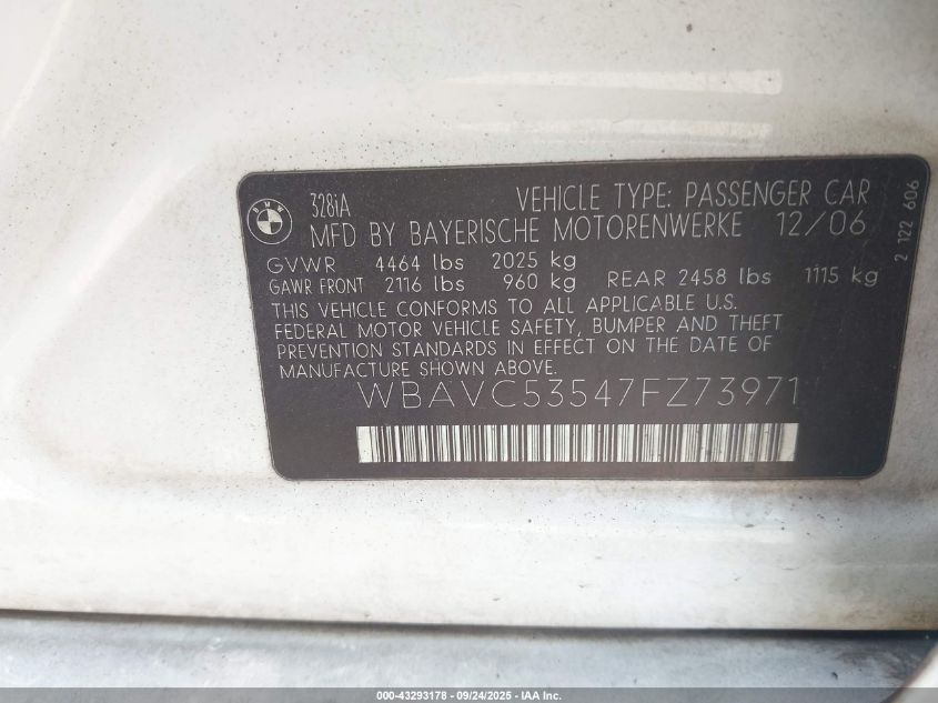 2007 BMW 328I VIN: WBAVC53547FZ73971 Lot: 43293178