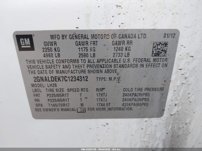 2012 Chevrolet Equinox 1Lt VIN: 2GNALDEK7C1234312 Lot: 43293189