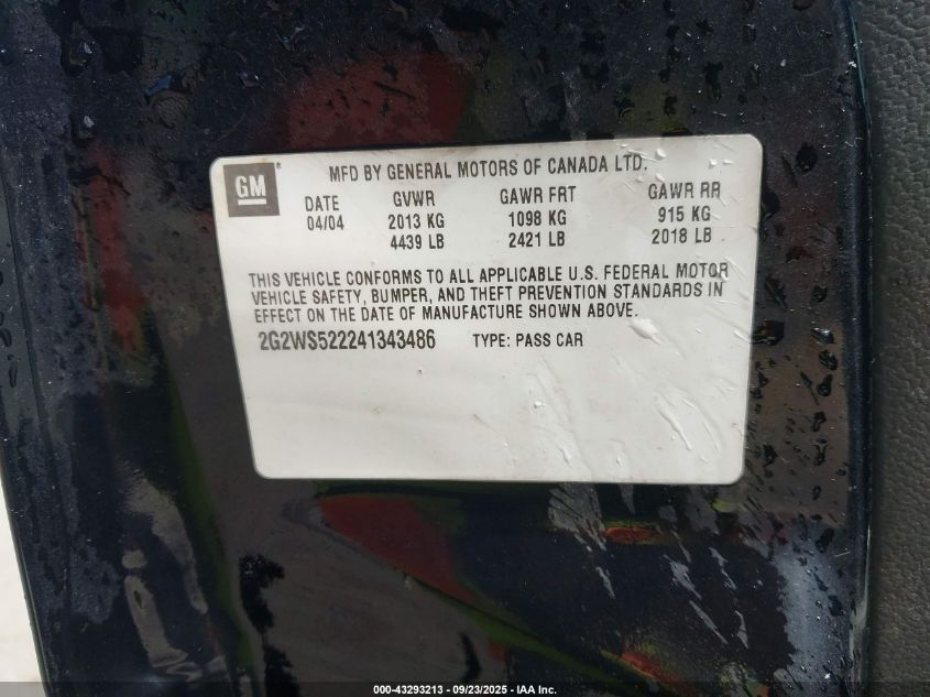 2004 Pontiac Grand Prix Gt2 VIN: 2G2WS522241343486 Lot: 43293213