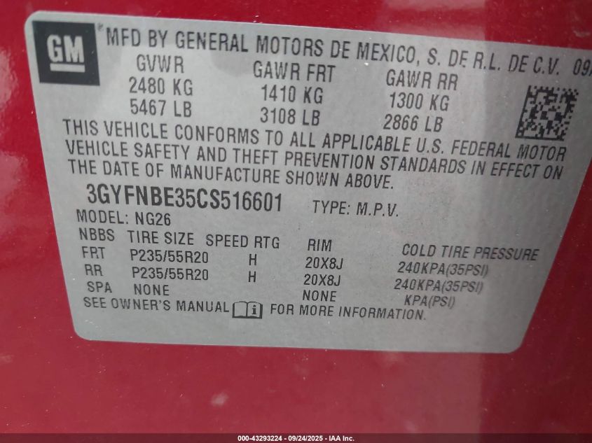 2012 Cadillac Srx Performance Collection VIN: 3GYFNBE35CS516601 Lot: 43293224