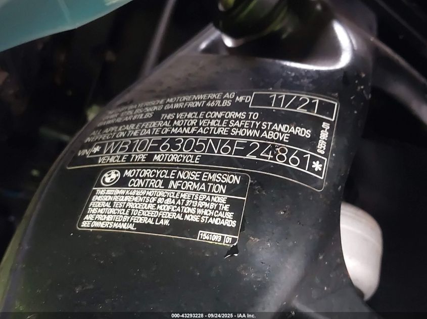 2022 BMW K1600 B VIN: WB10F6305N6F24861 Lot: 43293228