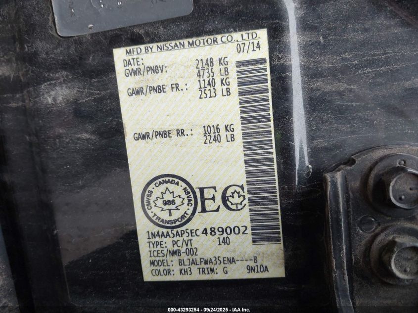 2014 Nissan Maxima 3.5 S/3.5 Sv VIN: 1N4AA5AP5EC489002 Lot: 43293254