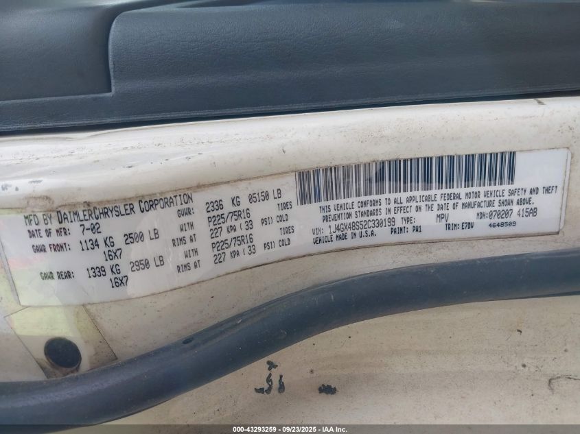 2002 Jeep Grand Cherokee Laredo VIN: 1J4GX48S52C330199 Lot: 43293259