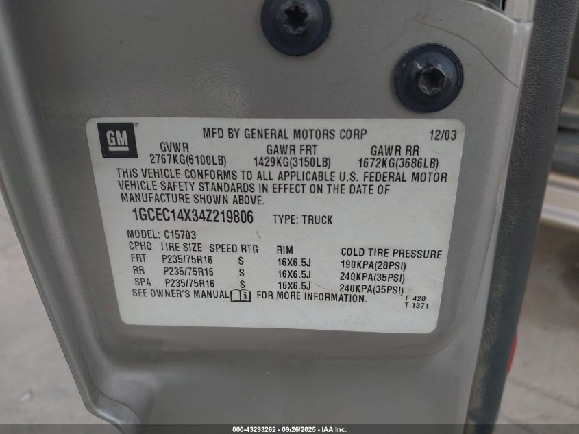 2004 Chevrolet Silverado 1500 VIN: 1GCEC14X34Z219806 Lot: 43293262