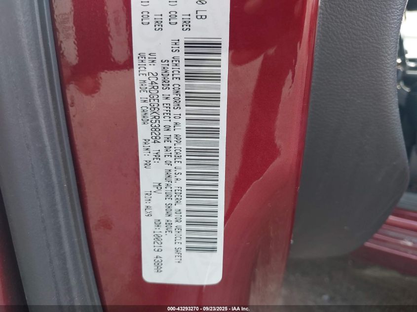 2019 Dodge Grand Caravan Gt VIN: 2C4RDGEG6KR538284 Lot: 43293270