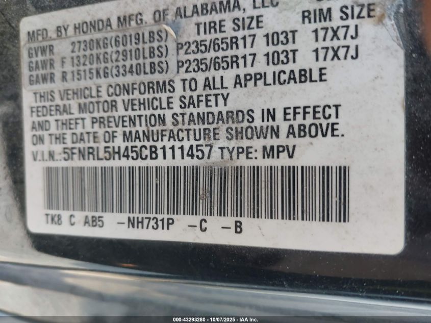 2012 Honda Odyssey Ex VIN: 5FNRL5H45CB111457 Lot: 43293280