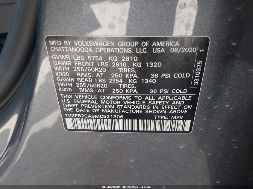 2021 Volkswagen Atlas 3.6L V6 Se W/Technology R-Line VIN: 1V2PR2CA9MC521306 Lot: 43293301