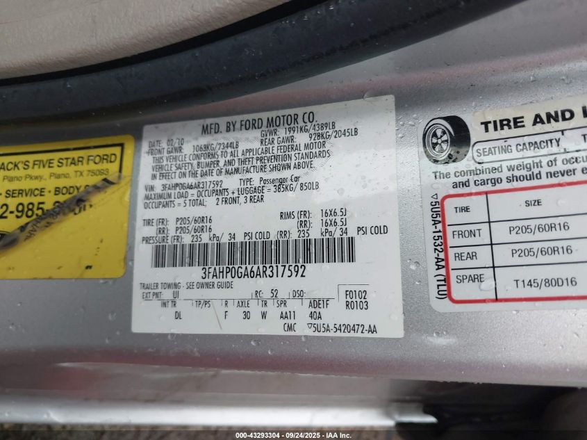 2010 Ford Fusion S VIN: 3FAHP0GA6AR317592 Lot: 43293304