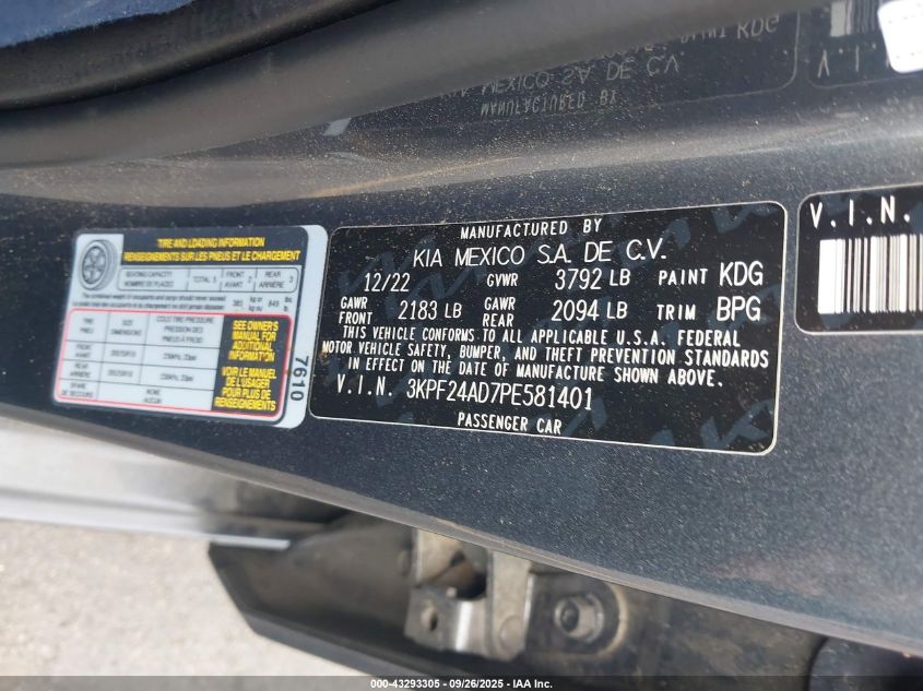 2023 Kia Forte Lxs VIN: 3KPF24AD7PE581401 Lot: 43293305