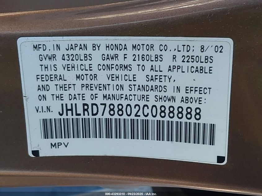 2002 Honda Cr-V Ex VIN: JHLRD78802C088888 Lot: 43293310