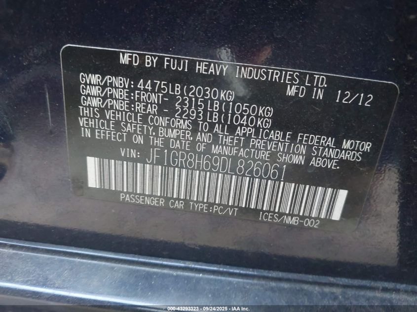 2013 Subaru Impreza Wrx Sti VIN: JF1GR8H69DL826061 Lot: 43293323