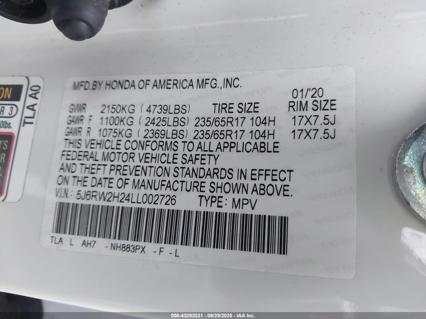 VIN 5J6RW2H24LL002726 2020 HONDA CR-V AWD LX