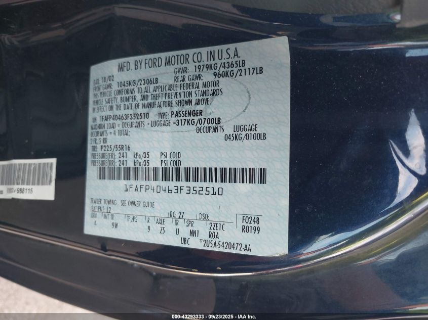 2003 Ford Mustang VIN: 1FAFP40463F352510 Lot: 43293333