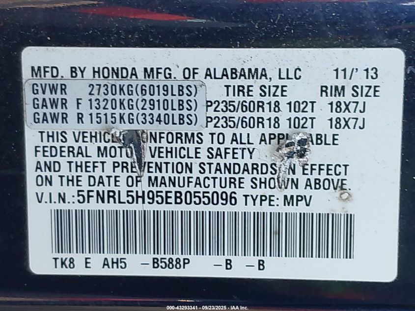 2014 Honda Odyssey Touring/Touring Elite VIN: 5FNRL5H95EB055096 Lot: 43293341