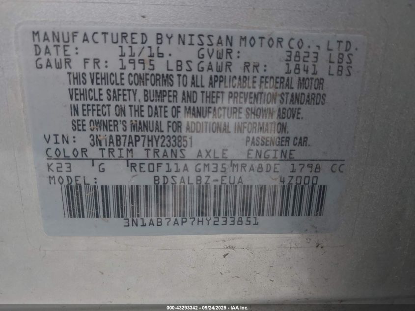 2017 Nissan Sentra S VIN: 3N1AB7AP7HY233851 Lot: 43293342