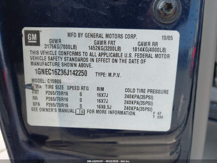 2006 Chevrolet Suburban 1500 Ls VIN: 1GNEC16Z36J142250 Lot: 43293351