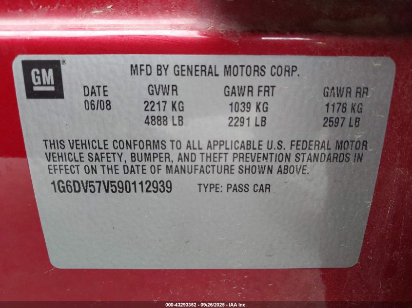 2009 Cadillac Cts Standard VIN: 1G6DV57V590112939 Lot: 43293352