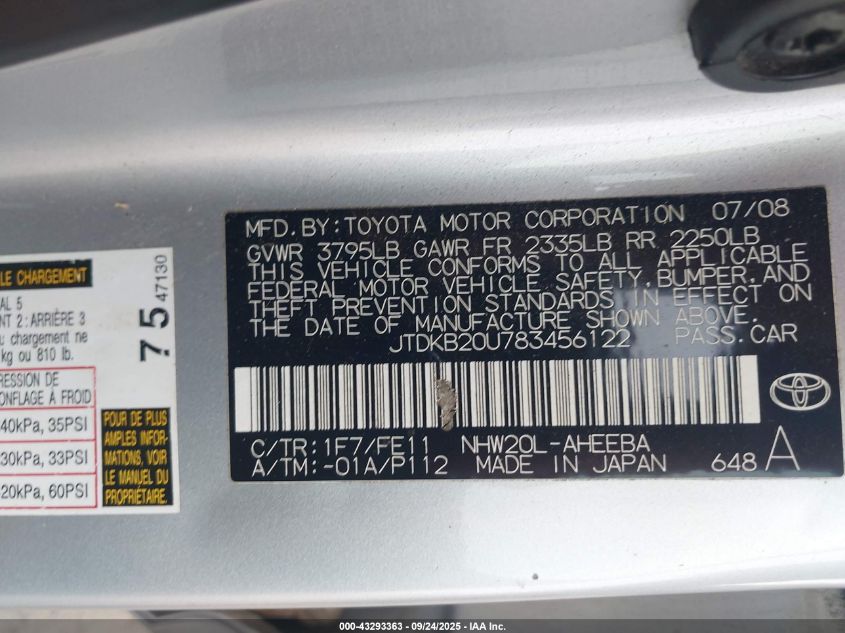 2008 Toyota Prius VIN: JTDKB20U783456122 Lot: 43293363