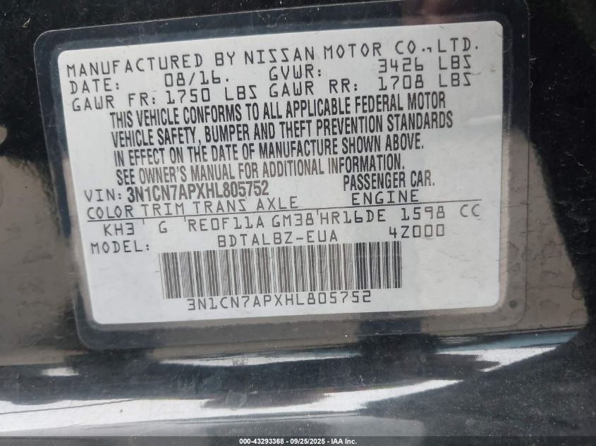 2017 Nissan Versa 1.6 S/1.6 S+/1.6 Sl/1.6 Sv VIN: 3N1CN7APXHL805752 Lot: 43293368