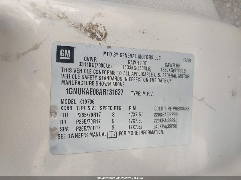 2010 Chevrolet Tahoe Ls VIN: 1GNUKAE08AR131627 Lot: 43293372