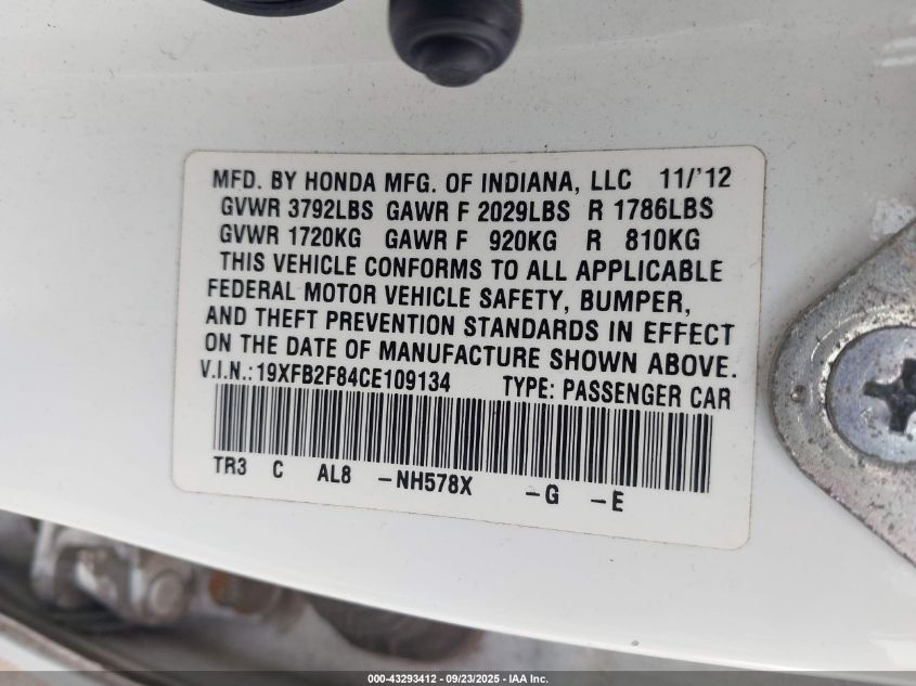 2012 Honda Civic Ex VIN: 19XFB2F84CE109134 Lot: 43293412