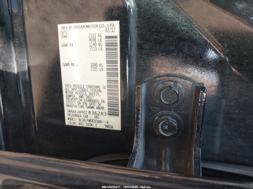 2012 Nissan Maxima 3.5 Sv VIN: 1N4AA5AP4CC836283 Lot: 43293417