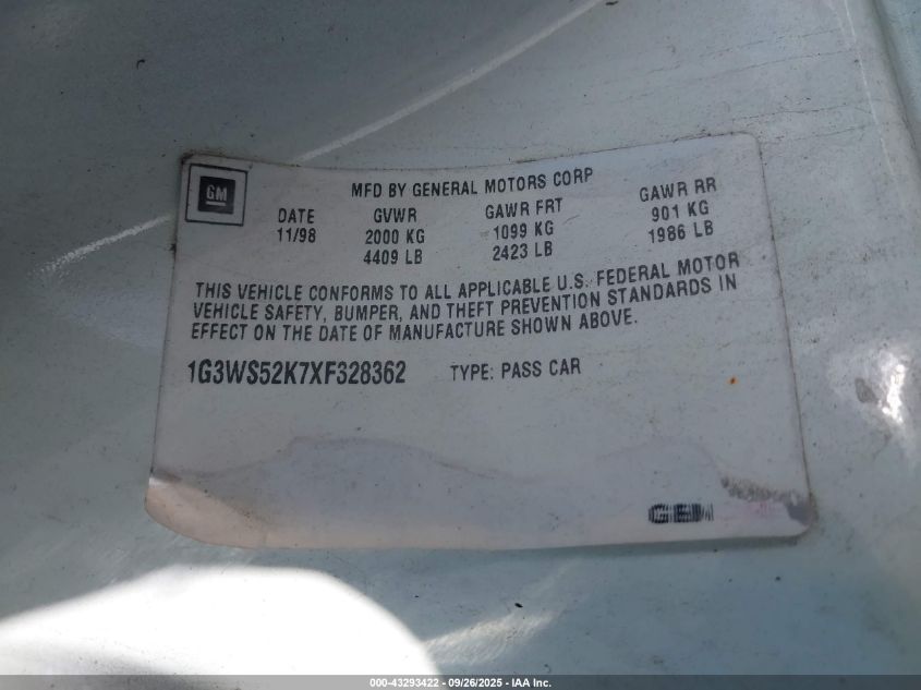 1999 Oldsmobile Intrigue Gl VIN: 1G3WS52K7XF328362 Lot: 43293422