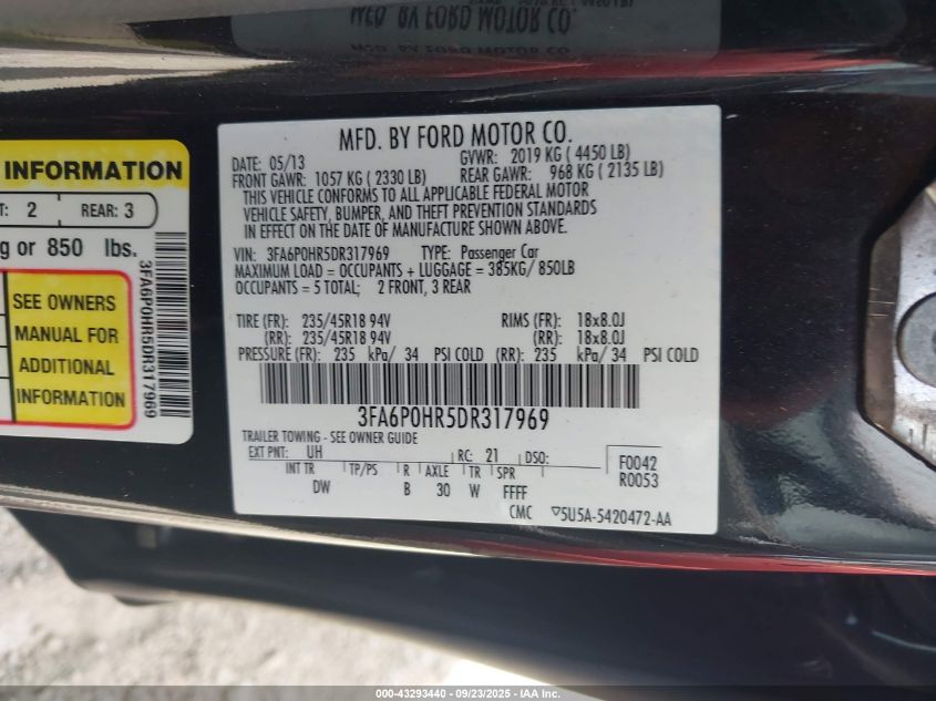 2013 Ford Fusion Se VIN: 3FA6P0HR5DR317969 Lot: 43293440