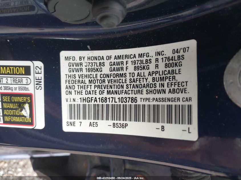 2007 Honda Civic Ex VIN: 1HGFA16817L103786 Lot: 43293458